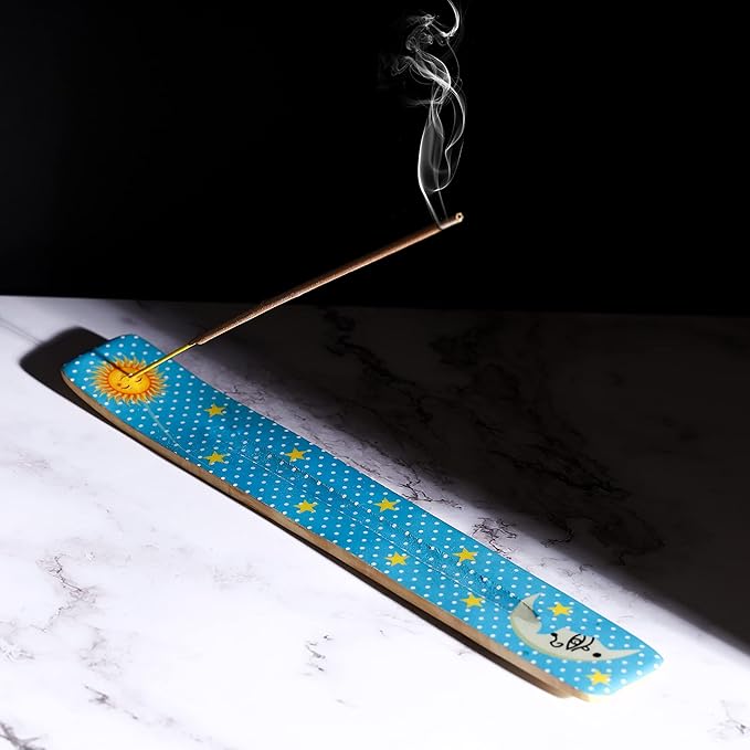 Bless-International Traditional-Handmade-Burner Wooden-Incense-Stick-Holder Ash-Catcher-Stand for-Aromatherapy-Meditation-Yoga (Moon & Stars) 10 Inches, Pack of 1
