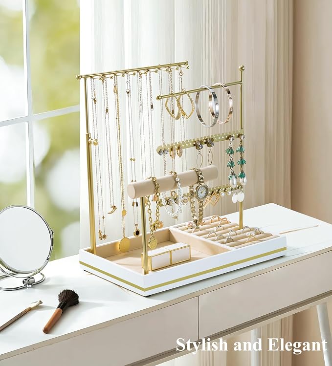 Emibele Jewelry Necklace Holder, 5 Tier Jewelry Organizers and Storage | Earring Bracelet Holder, Jewelry Display with Metal Frame Velvet Ring Tray, Aesthetic Jewelry Stand Gifts for Women, Gold