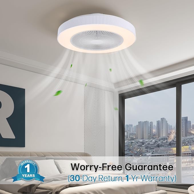 20" Bladeless Ceiling Fans with Light Remote Control,LED Smart Flush Mount Ceiling Fan With light for Bedroom, Kids Room, Reversible Motor, 6 Wind Speed, 3000LM, 57W-White/Black (White)