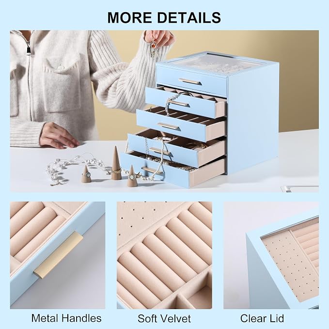 Frebeauty Jewelry Box for Women,Clear Lid Jewelry Organizer with 5 Drawers | Faux Leather,Velvet Lining,5-Layer Large Capacity,Jewelry Storage for Rings Earrings,Dustproof Design,Golden Stylish Handle