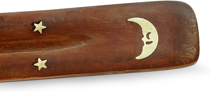 10 Pack Brass Moon Inlay Handmade Wooden Incense Stick Holders, Ash-Catchers