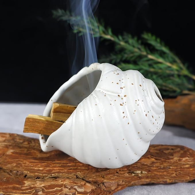 MOUGIGI Ceramic Conch Palo Santo Burner Holder - Mini Chiminea Incense Chimney, for Smudging Sage/Cones、Perfect for Meditation Altar & Witchcraft Supplies, Ideal Spiritual Decor & Gift for Zen Spaces