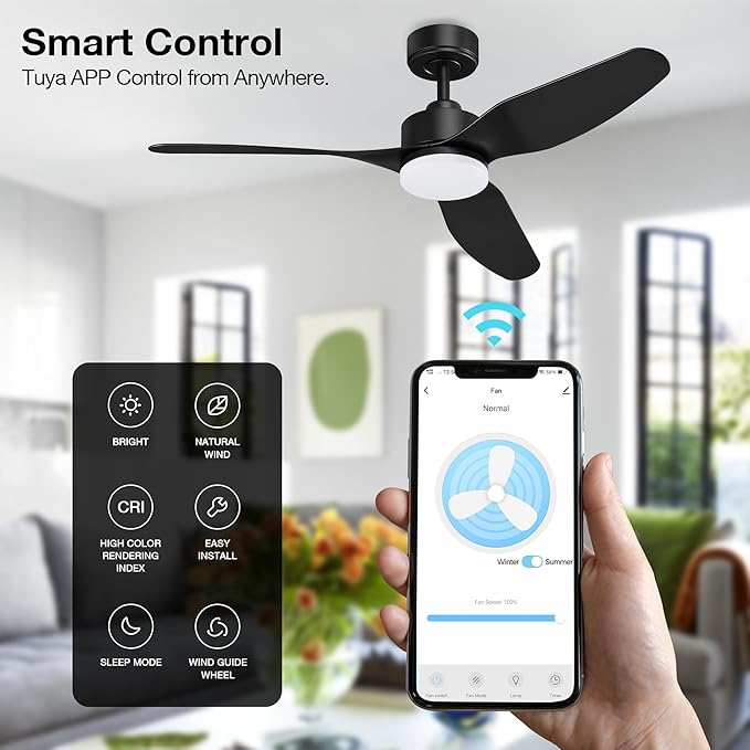Hoenofly 48” Smart Ceiling Fans with LED Lights Remote,Quiet DC Motor,Dimmable,Outdoor Indoor Modern Ceiling Fan Controlled by WIFI Alexa App,3 Black Blades for Bedroom Living Room Patio Porch