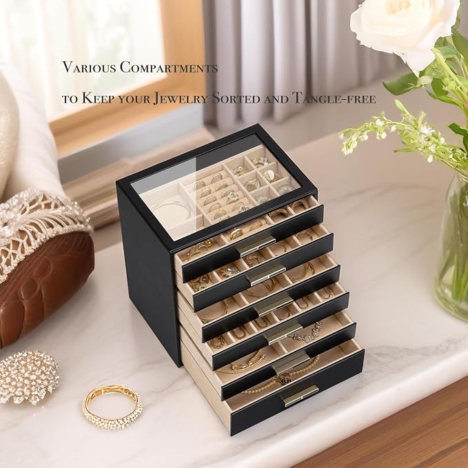 VLANDO 6-Drawer Jewelry Box with Glass Lid, Faux Leather Organizer for Rings Earrings Necklaces and More, Gift-Ready Jewelry Case for Women Girls or Moms, Black