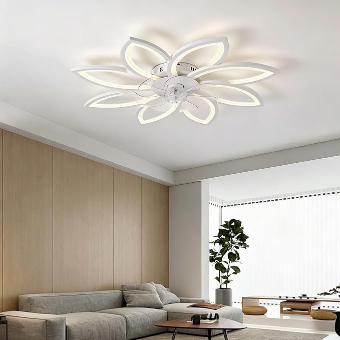 35" Ceiling Fans With Lights and Remote, Low Profile Flush Mount | Ceiling Fan With Light Modern Dimmable 3 colors 6 Speed Quiet Reversible Motor, Timing for Bedroom Living Room Kitchen White