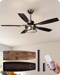 EDISHINE 52" Farmhouse Ceiling Fans with Lights and Remote, 10%-100% Dimmable, Reversible DC Motor, 6 Speed, 5 Wooden Blades, Timer, Rustic Caged Fandelier Ceiling Fan for Living Room, Bedroom