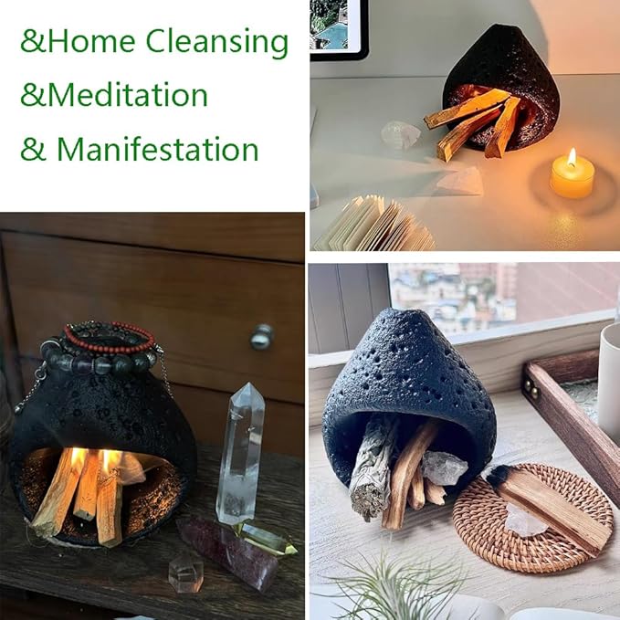 sage and palo Santo Chimney Burner Holder Incense Holder, Cone Burner Mini Chiminea Smudge Palo Santo Holder for Home Cleansing Meditation & Manifestation Gift (ONLY Black)