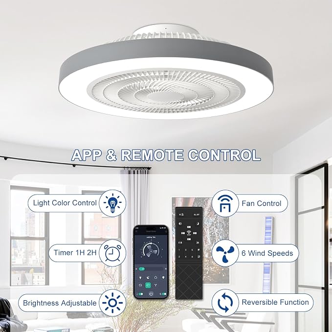 Depuley LED Ceiling Fan with Light: 19" Modern Flush Mount Low Profile Ceiling Fans with Remote & Smart APP Control - Grey Bladeless Fandelier Dimmable Quiet DC Motor for Bedroom Kids Room 6 Speeds