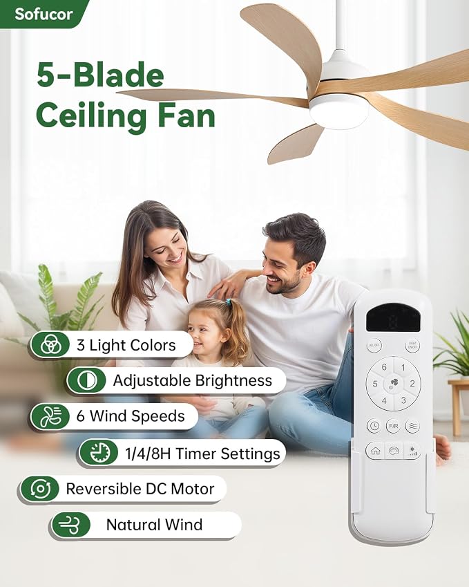 Sofucor 52 Inch Ceiling Fans with Lights and Remote, Outdoor Ceiling Fan with Light 6-Speed 3 CCT 3-Timer, Modern Low Profile Ceiling Fan 5 Blade Reversible DC Motor for Living Room Bedroom Patio