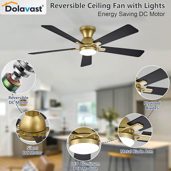 Ceiling Fans with Lights, 52 Inch Low Profile Ceiling Fan with Light and Remote Control, Flush Mount, Reversible, 3CCT, Dimmable LED, Quiet, Gold Ceiling Fan for Bedroom, Living Room