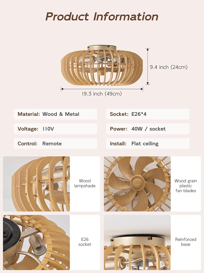 20" Wood Ceiling Fans with Lights Flush Mount, Caged Boho Ceiling Fan with Light Remote Control, Wooden Low Profile for Bedroom, Living Room, Nursery