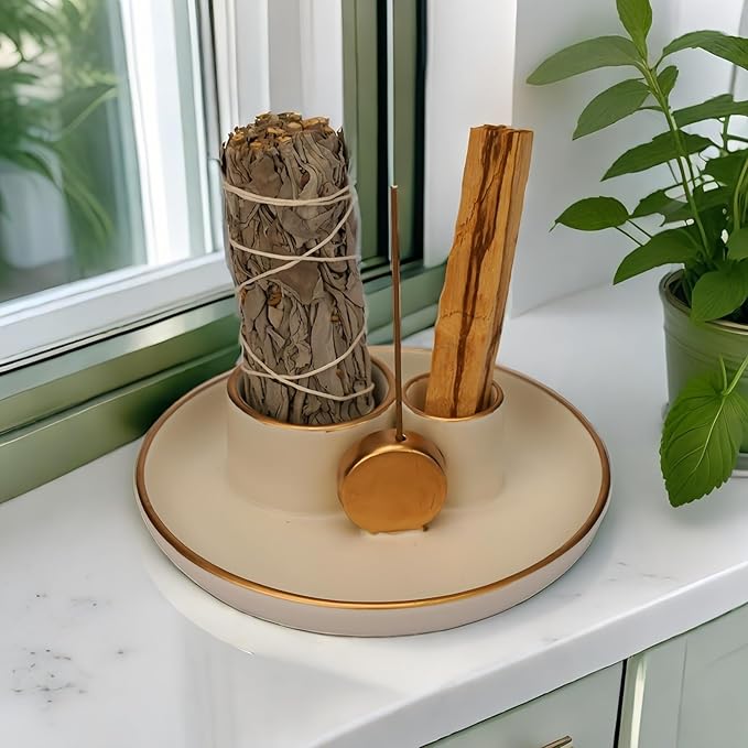 4 in 1 Incense Holder, Ceramic Incense Stick and Palo Santo Holder,Sage Holder for Burning- 4.25" Ceramic Ash Catcher Tray for Meditation and Yoga Room (White Golden)