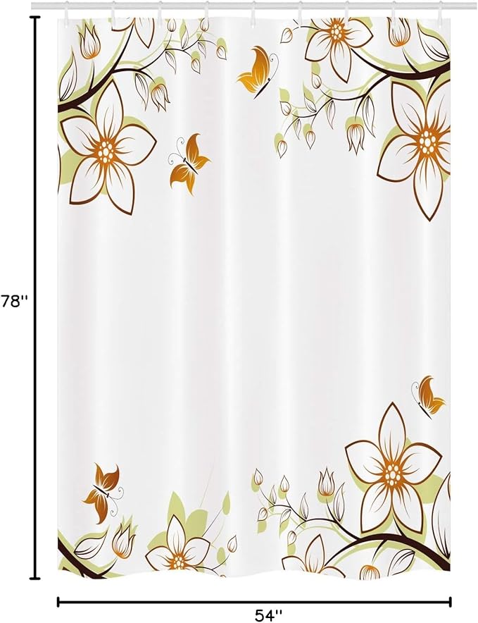 Ambesonne Floral Stall Shower Curtain, Flowers Leaves Branches Buds Butterflies Frame Like Image Print, Fabric Bathroom Decor Set with Hooks, 54" W x 78" L, Pale Green Pale Brown