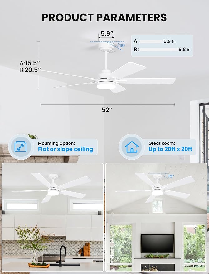 52 Inch Ceiling Fan with Lights and Remote, Downrod Mount, Sloped Ceiling Compatible up to 15°, Quiet Reversible DC Motor, 3CCT Dimmable LED, White Ceiling Fan for Bedroom Living Room