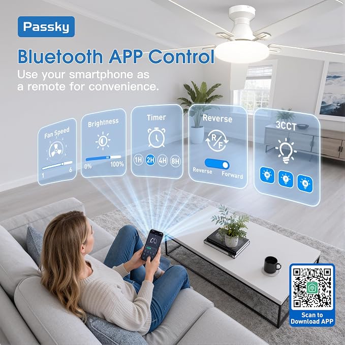 Passky Ceiling Fans with Lights, 60 inch Flush Mount Ceiling fan with Remote Control, Low Profile Ceiling Fan for Bedroom, Farmhouse, Reversible, 3CCT, Dimmable, Noiseless DC Motor, White