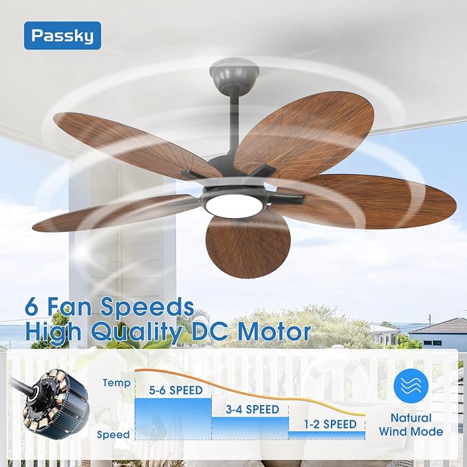 Passky Ceiling Fans with Lights, 52 inch Tropical Ceiling Fan with Light and Remote Control, 3CCT, Dimmable, Reversible, Noiseless, Banana-leaf Shape Ceiling Fan for Bedroom, living room, Coverd Patio