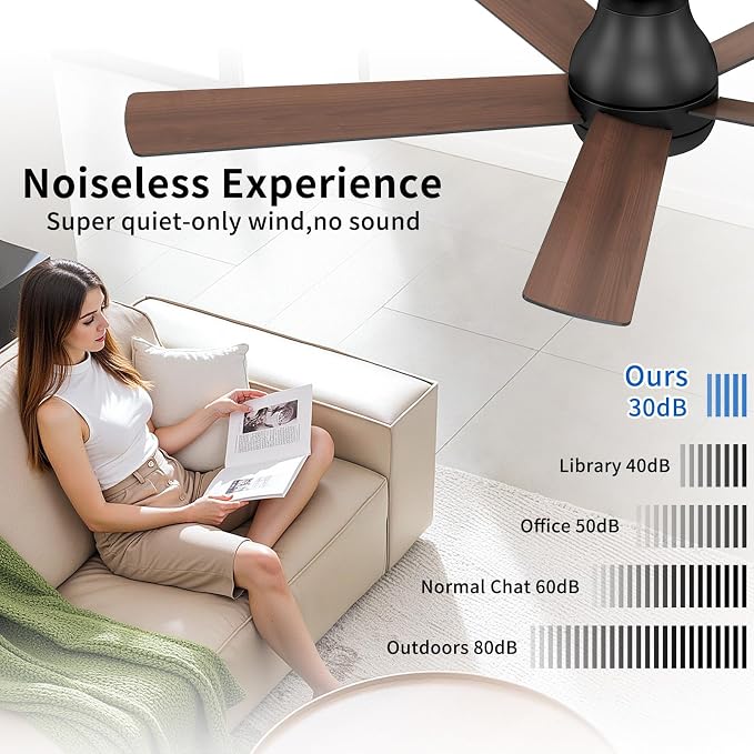 POCHFAN 60 Inch Black Ceiling Fans with Lights and Remote, LED Low Profile Flush Mount Ceiling Fan for Bedroom, Living Room, Quiet DC Motor, Dimmable 6 Speeds