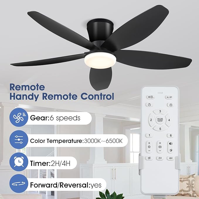 Surtime 42" Ceiling Fans with Lights-Low Profile Ceiling Fan with Light and Remote Control,Flush Mount,DC Reversible,LED Dimmable Blakc Ceiling Fans for Bedroom,Indoor/Outdoor Patio Use