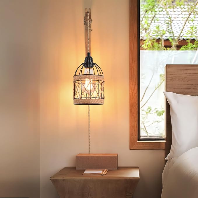Plug in Wall Sconce,Farmhouse Wicker Wall Lamp Plug in,Hand Woven Rattan Wall Light Farmhouse Rustic Boho Sconces Wall Lighting for Living Room Bedroom