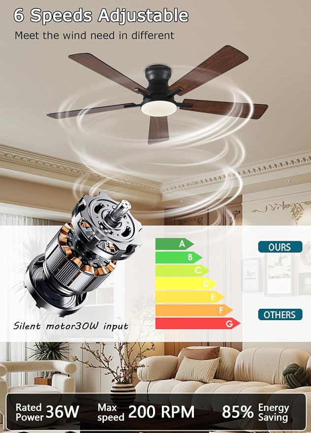 JSAITEE Ceiling Fans with Lights, 52Inch Low Profile Ceiling Fan with Light and Remote/App Control, Modern Flush Mount Brown Ceiling Fan, 3CCT Dimmable, Reversible DC Motor, for Living Room,Bedroom
