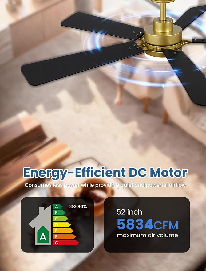 52 Inch Ceiling Fan with Lights and Remote, Downrod Mount, Sloped Ceiling Compatible up to 15°, Quiet Reversible DC Motor, 3CCT Dimmable LED, Gold Ceiling Fan for Bedroom Living Room