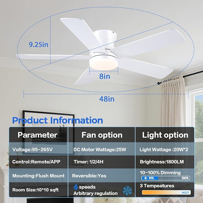 Ayaoty 48In Ceiling Fan with Light Flush Mount - White Low Profile Ceiling Fan Light with Remote/APP, 5 Reversible Dual-Sided Blades, Modern Fan Light for Indoor Bedroom, Covered Outdoor