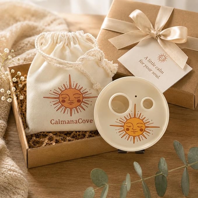 Incense & Palo Santo Holder – 6.5'' Ceramic Sage Burner for Sticks, Bundles, Cones, Candle & Tealight with Ash Catcher – Jewelry Tray, Smudge Pot, Home Décor, Meditation Gift (Golden Sun)