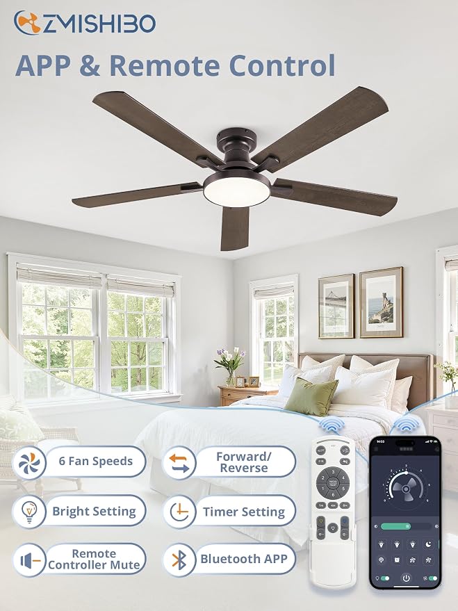ZMISHIBO 52 Inch Flush Mount Ceiling Fan with Light, Remote&APP, Oil Bronze | 6-Speed Quiet DC Motor, Dimmable 24W LED with 3CCT (3000K-6500K), Modern Low Profile for Living Room, Bedroom, Kitchen