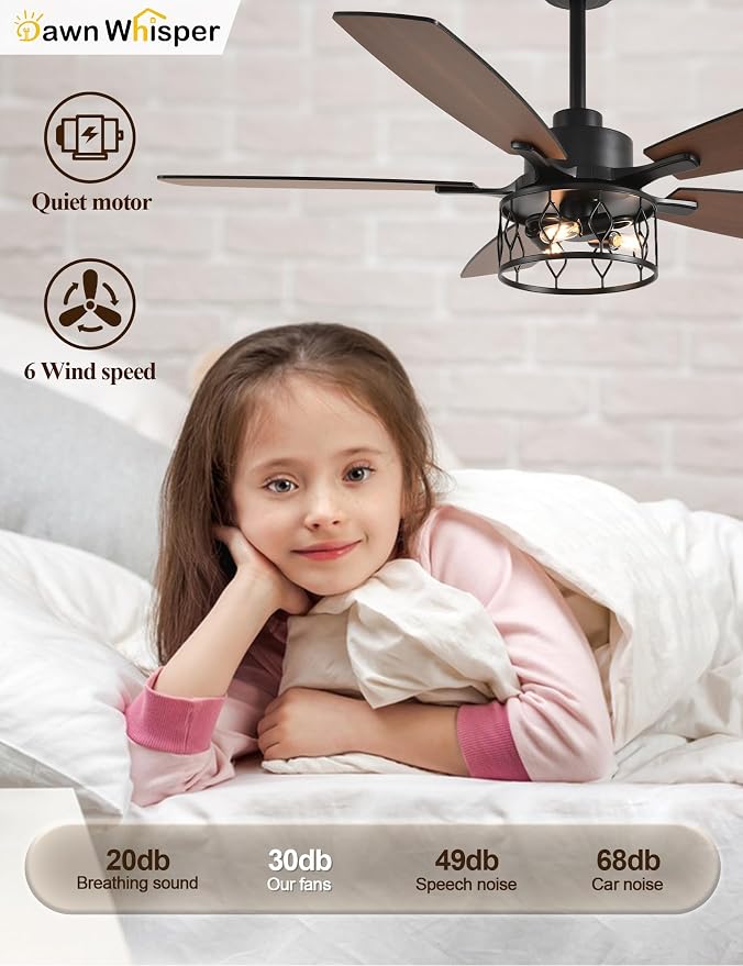 Dawn Whisper 52 Inch Black Ceiling Fans with Lights Farmhouse Ceiling Fan with Remote for Bedroom Living Room Caged Classic Chandelier Fan for Indoor(NO Bulbs