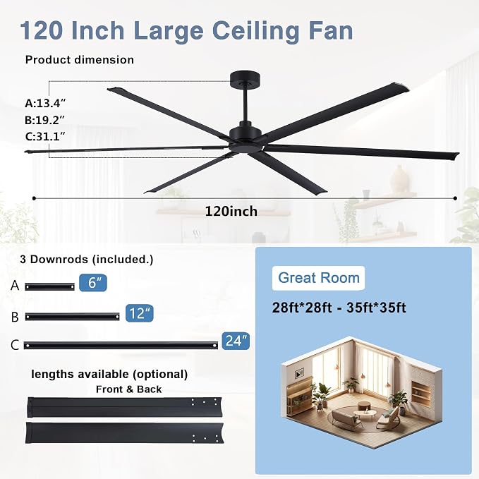 120 Inch Ceiling Fans No Light, Large Industrial Ceiling Fan with 6 Aluminium Blades, Quiet DC Motor, 6 Speeds, Modern Ceiling Fan without Light for Garage/shop/living room,Black