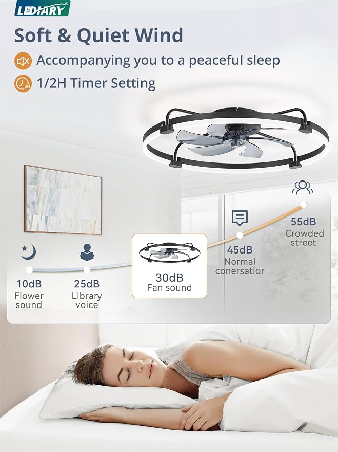 LEDIARY 30" Ceiling Fans with Lights and Remote, Low Profile Led Fan Light | Stepless Dimmable Fandelier, 6 Wind Speeds, Remote and APP Control, Flush Mount Ceiling Fan for Bedroom, Living Room, Black