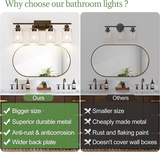 Indoi 4-Light Bathroom Light Fixtures, Oil-Rubbed Bronze Modern Vanity Lights with Clear Glass Shades, Bathroom Wall Lamp for Mirror Living Room Cabinet Bedroom Porch