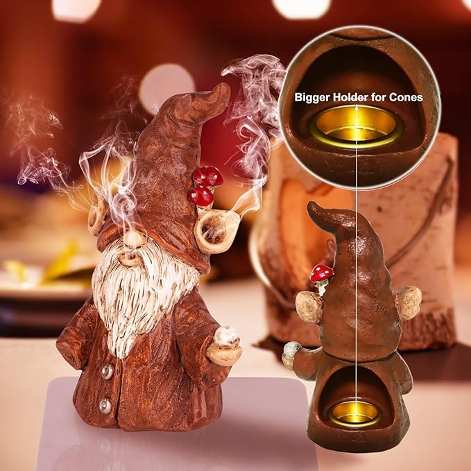 Gnome Incense Holder for Sticks, Incense Cone Burner with Large Size Hole for Cones, Gnome Statue Christmas Decorations, Unique Gift for Women Men