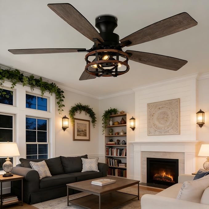 52" Flush Mount Farmhouse Ceiling Fan with Lights and Remote | Rustic Caged Fandelier Ceiling Fan, 5 Dual Blades Chandelier for Bedroom Living Room Dining Room, 3 E12 Bulbs (Not Included)