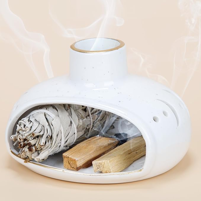 ZenBless 3 in 1 Incense Holder for Palo Santo Sticks Sage Incense, Handcrafted Ceramic Incense Burner Holder Ash Catcher with Chimney, Smudge Bowl for Yoga Meditation Room Home Decor