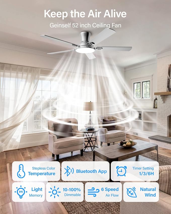 52 Inch Ceiling Fans with Lights and Remote, Flush Mount Low Profile Smart Ceiling Fan with WIFI Alexa App Control, Quiet Reversible DC Motor, 6 Speeds, Dimmable LED Light, Nickel