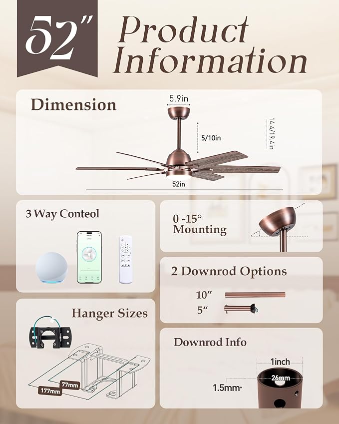 Minislak 52" Oil Rubbed Bronze Smart Ceiling Fan with Light via WiFi Alexa,6-Speeds Quiet DC Motor,Dimmable,Outdoor Antique Bronze Large Ceiling Fan for Living Room,Bedroom,Dual Finish 6 Blades