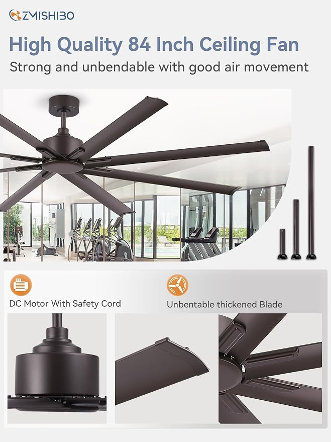 ZMISHIBO 84 Inch Industrial DC Motor Ceiling Fan, Large Ceiling Fan with 8 Reversible Blades, 3 Downrods, 6-Speed Remote Control, Home or Commercial Ceiling Fans for Porch/Garage/Shop, Oil-bronze