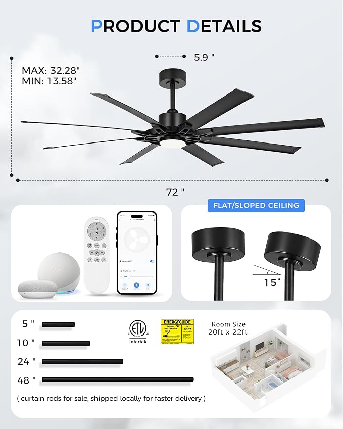 72 Inch Ceiling Fan With Light, Industrial Ceiling Fan With 8 Aluminium Metal Blades, Smart Fan Compatible with Alexa, Garage Indoor Fan For Living Room and Patio, ZCCF05ABK-72