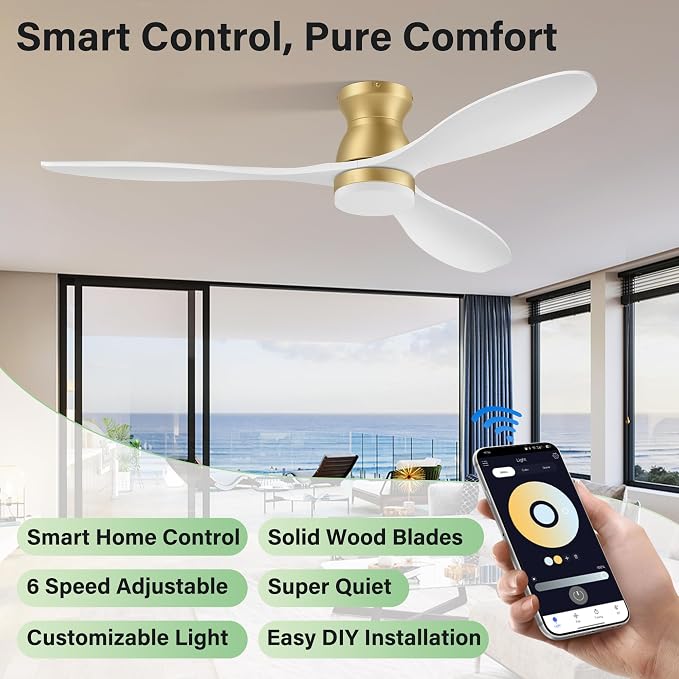 52" Wood Ceiling Fans with Lights Remote,Smart Control via WIFI Alexa APP,Outdoor Indoor Flush Mount Ceiling Fan for Low Profile Modern Living Room,Patio,White and Gold,Dimmable LED,Quiet DC Motor