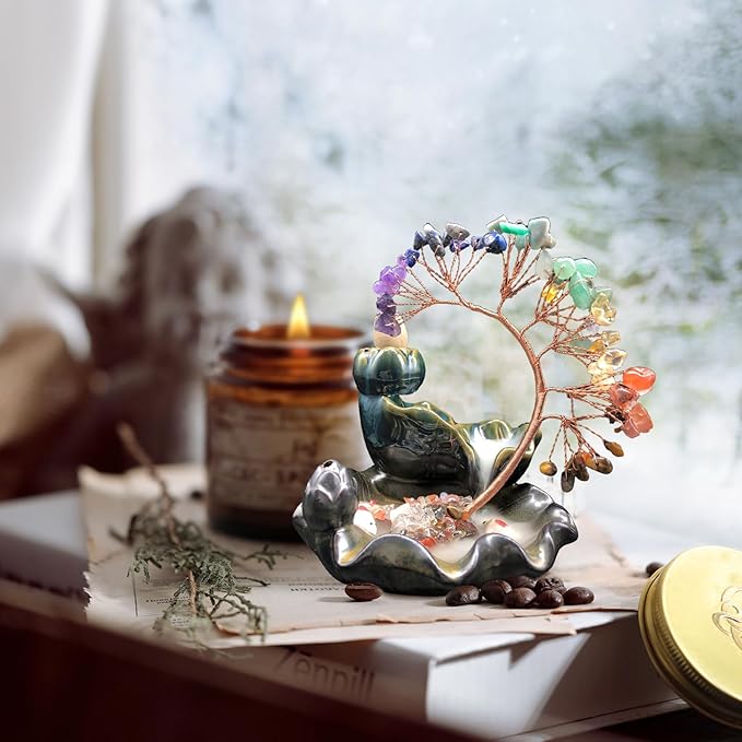 Backflow Incense Burner, Ceramic Incense Waterfall Burner with 7 Chakras Healing Crystals Tree Fountain Incense Holders for Yoga Meditation Home Decor