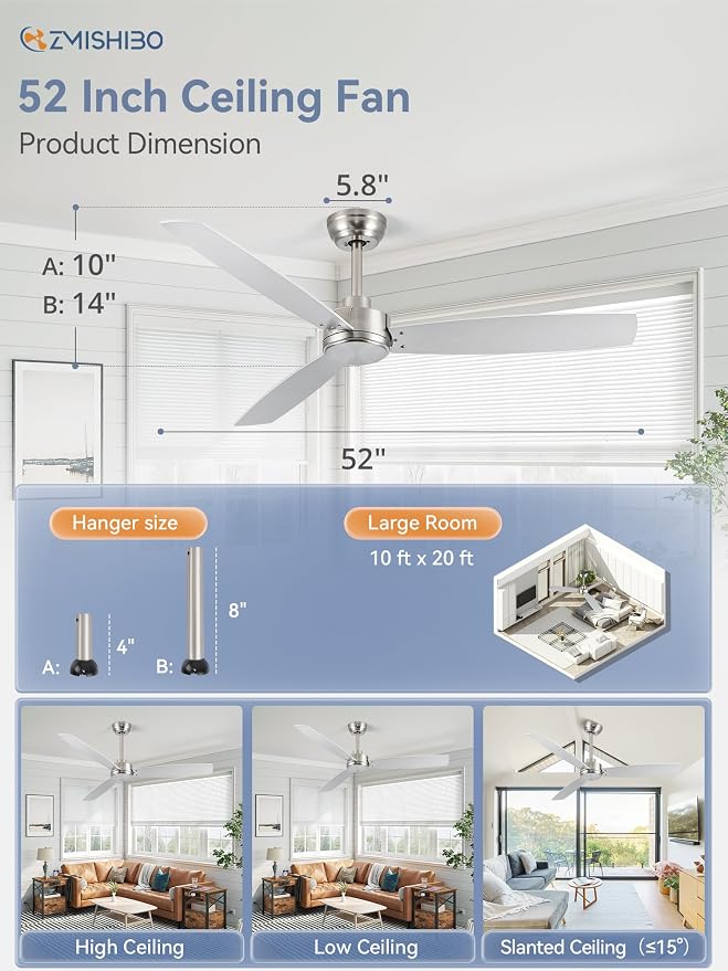 ZMISHIBO 52 Inch Ceiling Fan with Remote No Light, Brushed Nickel & White Outdoor Ceiling Fans with Quiet Reversible DC Motor, 6 Speeds, 3 Blade Modern Ceiling Fan for Patio Living Room Bedroom Indoor