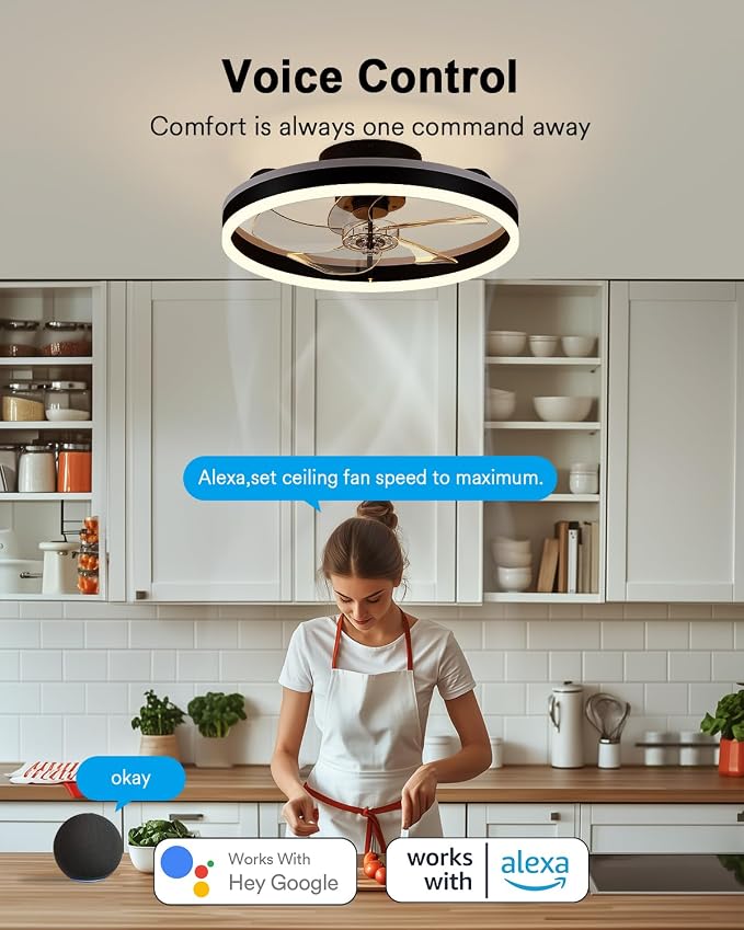 Lumary Smart WiFi Ceiling Fans with Lights, RGBAI Flush Mount Ceiling Fans with Lights and Remote, Dual Lighting Mode Modern LED Low Profile Ceiling Fan for Bedroom Works with Alexa Google, 20in Black