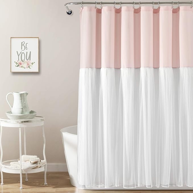 Lush Decor Tulle Skirt Colorblock Shower Curtain Single 72" W x 72" L Blush & White - Fabric Shower Curtains for Bathroom - Cute Bathroom Curtain (Pack of 6)