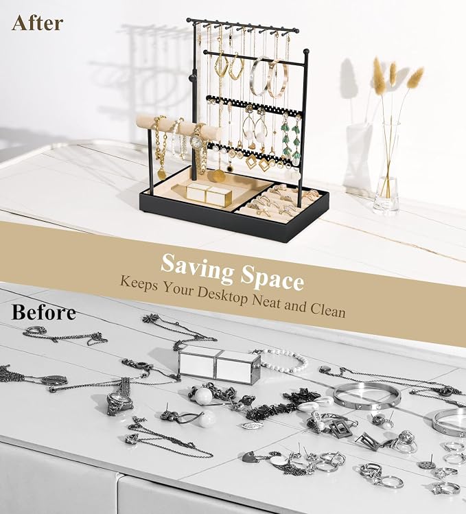 Emibele Jewelry Necklace Holder, 5 Tier Jewelry Organizers and Storage | Earring Bracelet Holder, Jewelry Display with Metal Frame Velvet Ring Tray, Aesthetic Jewelry Stand Gifts for Women, Black