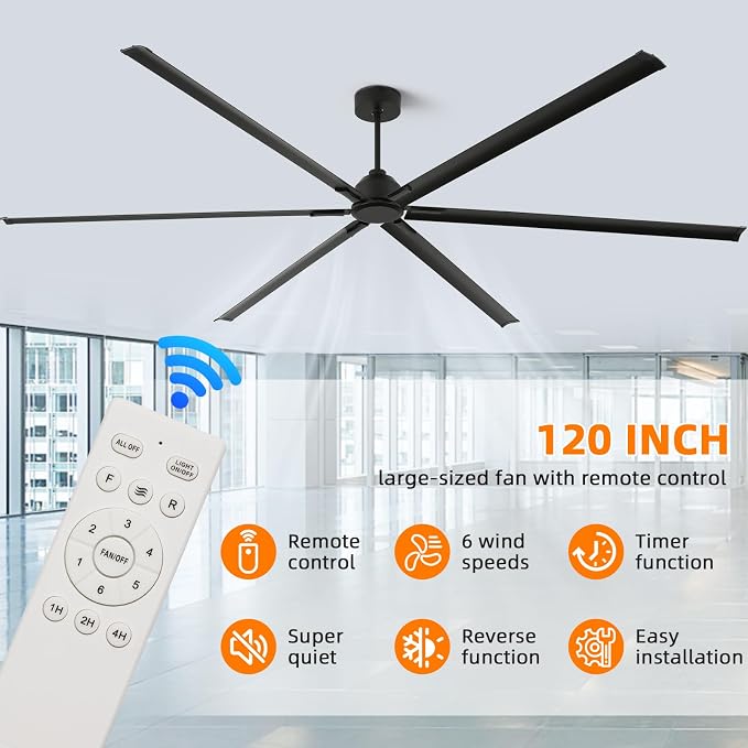 120 Inch Large Ceiling Fan, HVLS Commercial Fan with DC Reversible Motor, 6-Speed Industrial Fans Heavy Duty, Aluminum Blades, Timer, 10/20/40 Inch Downrods for Shop/Gym/Warehouse/Barn (120 inch)