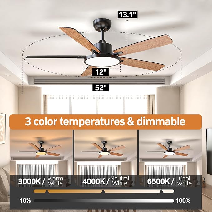 TALOYA 52 Inch Black Ceiling Fans with Lights Led Back Light Remote Control Flush Mount Low Profile for Bedroom Living Room Outdoor Patio,Reversible,DC Motor,3 Color Temperatures,5 Blades