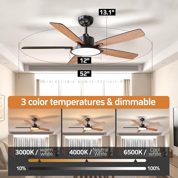 TALOYA 52 Inch Black Smart Ceiling Fans with Lights Led Remote Control Flush Mount Low Profile for Bedroom Living Dining Room Outdoor Farmhouse Patio,Reversible,DC Motor,3 Color Temperatures,5 Blades