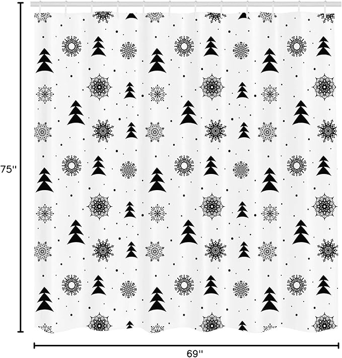 Ambesonne Nordic Shower Curtain, Christmas Pine Trees Snowflakes Noel Winter North Holiday Celebration Graphic Art, Cloth Fabric Bathroom Decor Set with Hooks, 69" W x 75" L, Black White