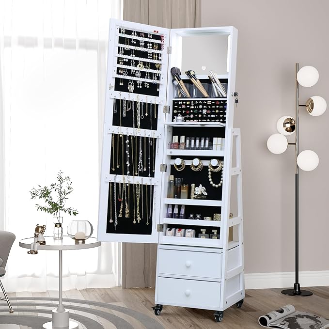 Jewelry Cabinet Standing Mirror with Drawers Wheels Full Length Mirror Jewelry Storage with Touch Screen Vanity Mirror Rotatable Jewelry Armoire Organizer with Lock White Christmas Gift for Women